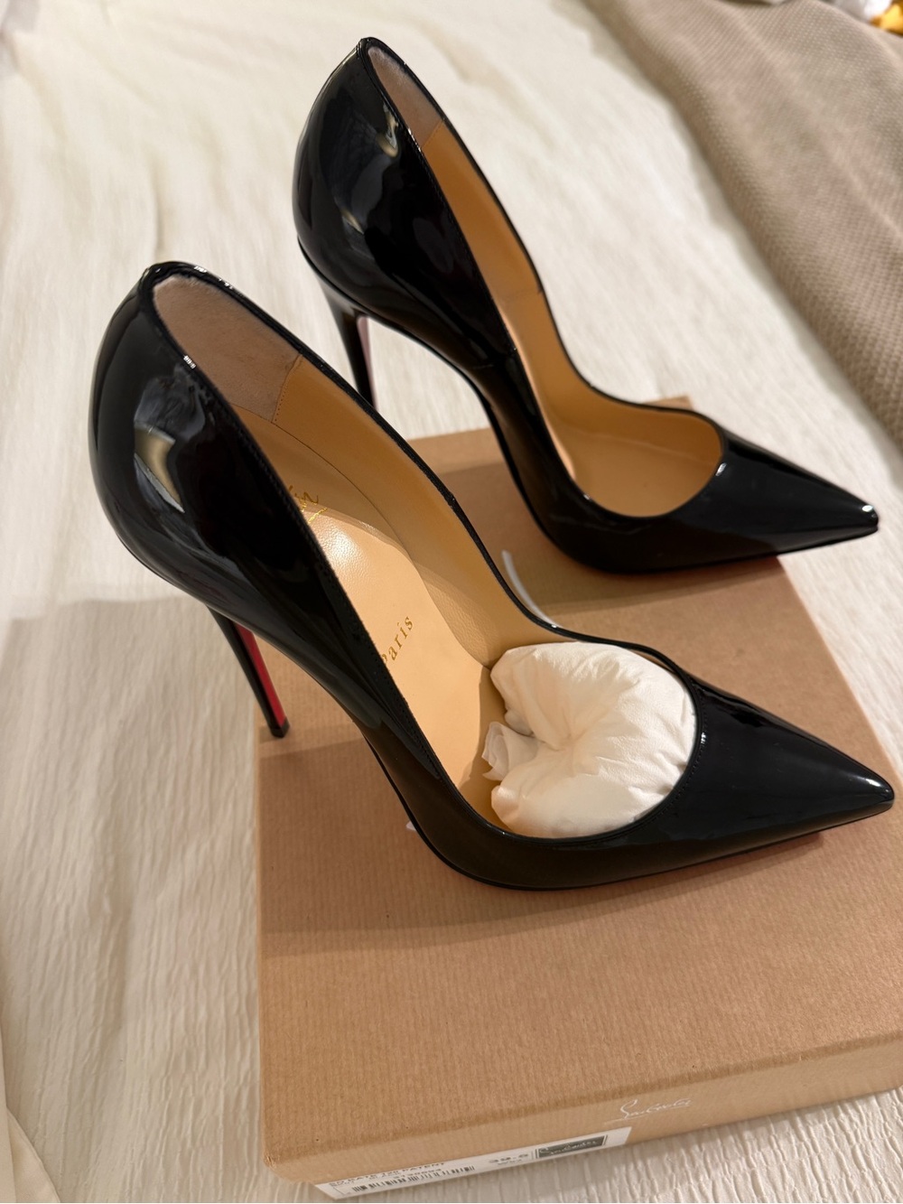 Christian Louboutin Black Patent Pointed Toe Stilettos with Red Soles